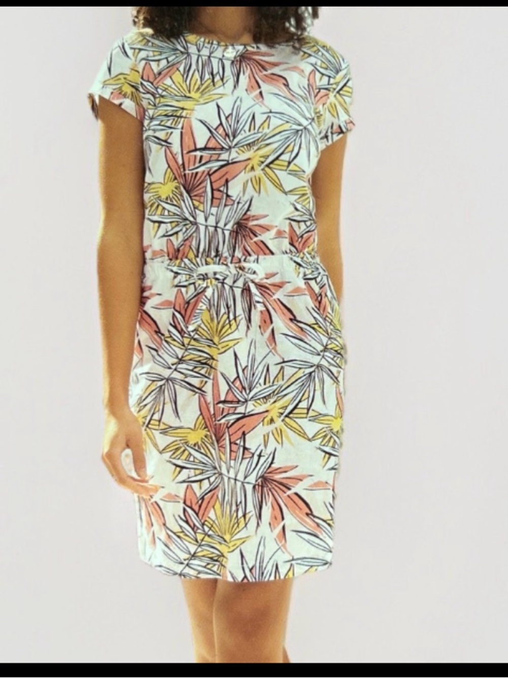 Floral Palm Print Cap-Sleeve Dress in Multi